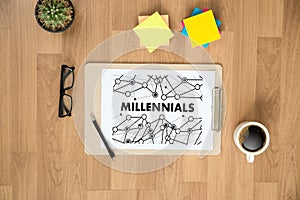 MILLENNIALS CONCEPT Business team hands at work with financial r