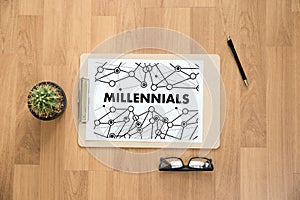 MILLENNIALS CONCEPT Business team hands at work with financial r