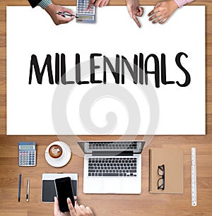 MILLENNIALS CONCEPT Business team hands at work with financial r photo