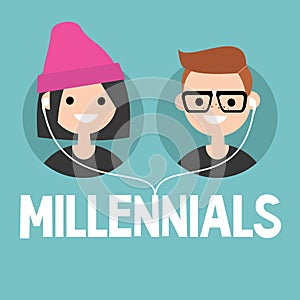 Millennials conceptual sign: young boy and girl sharing one pair