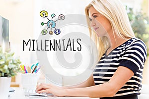 Millennials with happy young woman in front of the computer