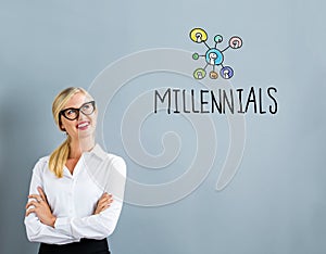 Millennials text with business woman photo