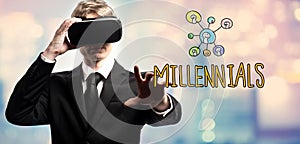 Millennials text with businessman using a virtual reality