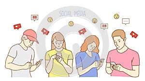 Millennials Using Social Media With Icons. Hand drawn style