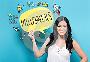 Millennials with woman holding a speech bubble