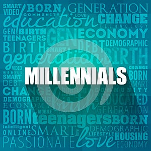 Millennials word cloud collage, social concept background