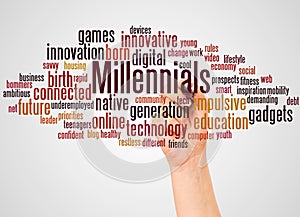 Millennials word cloud and hand with marker concept