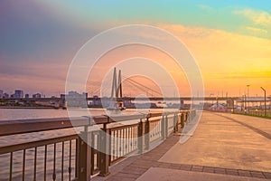 Millennium Bridge . Cable-stayed bridge across the river. View from the Kremlin embankment.