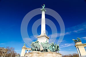 Millennium Monument on the Heroes` Square in Budapest, Hungary.