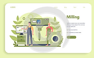 Miller and milling web banner or landing page. Engineer drilling metal