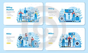 Miller and milling web banner or landing page set. Engineer drilling