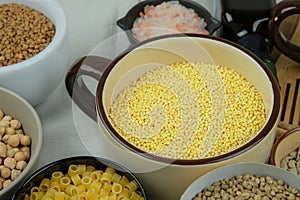 Millet in bowl. Shopping and storage products. Vegetarian organic product.