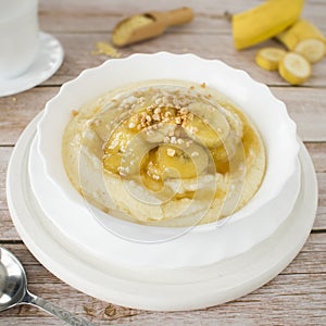 Millet pudding with caramelized bananas and nuts.