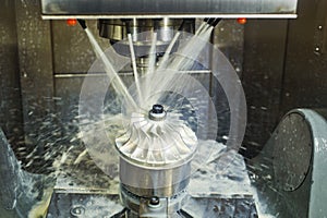 Milling metalworking process. Industrial CNC metal machining by vertical mill