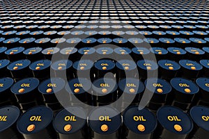 Million barrels of crude oil, fossil fuel petroleum and gasoline drums. 3D Rendering