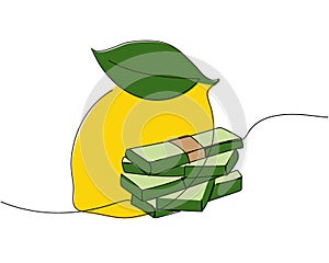 Million dollars, few bundles of money with lemon, cash, banknotes, 100, hryvnias, euro color, colored one line art