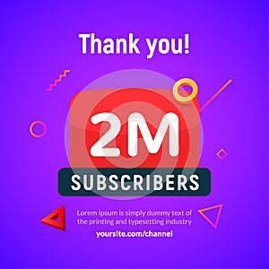 2 million followers vector post 2m celebration. Two millions subscribers followers thank you congratulation photo