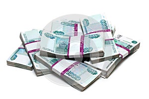 Million rubles - heap of bills in packs photo