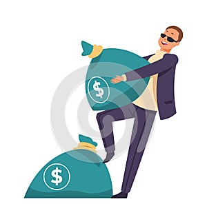 Millionaire with bag of cash. Man carries sack full of money. Happy successful businessman. Financial revenue or jackpot