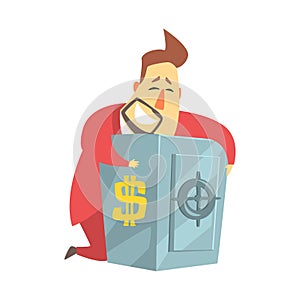 Millionaire Rich Man Hugging His Metal Safe Money Box ,Funny Cartoon Character Lifestyle Situation