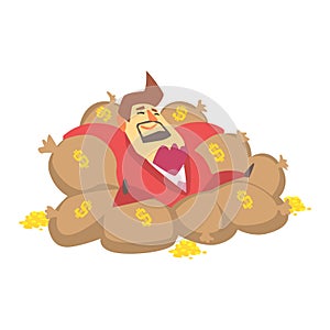 Millionaire Rich Man Laying On Money Bags Filled With Golden Coins,Funny Cartoon Character Lifestyle Situation