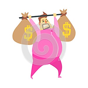 Millionaire Rich Man In Pink Training Suit Lifting The Weight With Two Big Money Bags ,Funny Cartoon Character Lifestyle