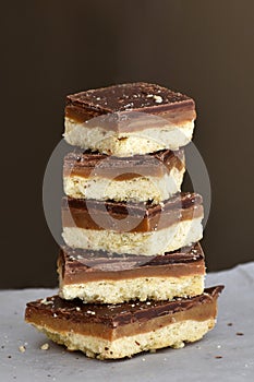 Millionaire`s shortbread with chocolate and caramel, Caramel slice or Chocolate caramel slice..