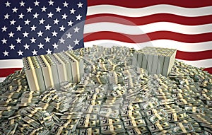 Millions of Dollars - Pile of new 100 Dollar Bills in front of the american flag