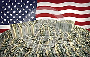 Millions of Dollars - Pile of new 100 Dollar Bills in front of the american flag photo