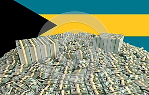 Millions of Dollars - Pile of new 100 Dollar Bills in front of the Bahamas flag
