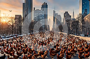 Millions of Hens Overrun an Urban Landscape - Dominate Bustling City Streets, Perched Atop Traffic Lights