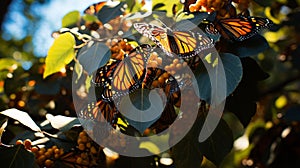 Millions of monarch butterflies Danaus plexippus cover every inch of a tree. generative ai photo