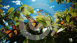 Millions of monarch butterflies Danaus plexippus cover every inch of a tree. generative ai photo