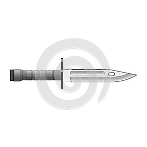 Millitary, hunting large knife with sharp blade and grey handle. Dangerous weapon on white background