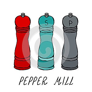 Mills for Spices and Seasonings. Pepper Mill. Kitchen Collection. EPS10 Vector. Hand Drawn Doodle Style Realistic