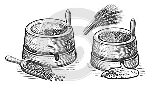 Millstone sketch. Hand mill is an ancient stone tool for grinding grain products and obtaining flour. Vintage vector