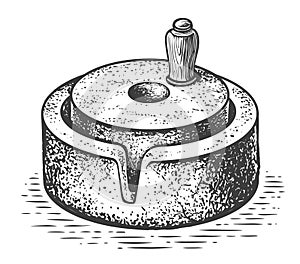 Millwheel with handle holder. Hand drawn sketch vector illustration. Processing cereal seeds into flour for cooking