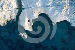 Milos island Greece aerial detail of Sarakiniko Beach in summer time