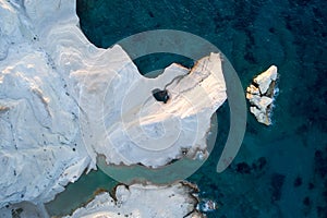 Milos island Greece aerial detail of Sarakiniko Beach in summer time