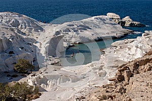 Milos island Greece detail of Sarakiniko Beach in summer time