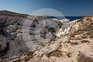 Milos island Greece detail of Sarakiniko Beach in summer time