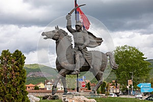 Milos Obilic legendary Serbian knight, statue on horse in Gracanica, near Pristina, Kosovo, Serbia