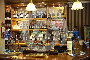 Miltre tavern, Classic english public house interior. Beer counter. Cambridge