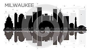 Milwaukee City skyline black and white silhouette with reflections.