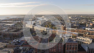 Milwaukee river in downtown, harbor districts of Milwaukee, Wisconsin, United States. Real estate, condos in downtown. Aerial view