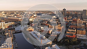 Milwaukee river in downtown, harbor districts of Milwaukee, Wisconsin, United States. Real estate, condos in downtown. Aerial view