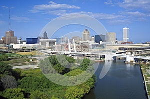 Milwaukee skyline with Menomonee River in foreground, WI