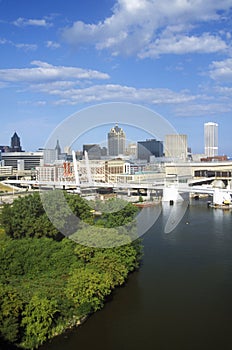 Milwaukee skyline with Menomonee River in foreground, WI