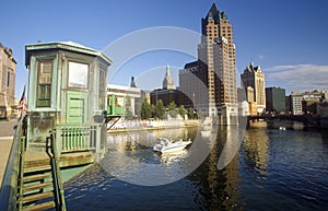 Milwaukee skyline with Menomonee River in foreground, WI