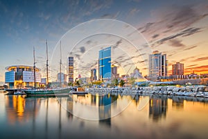 Milwaukee, Wisconsin, USA downtown city skyline on Lake Michigan photo